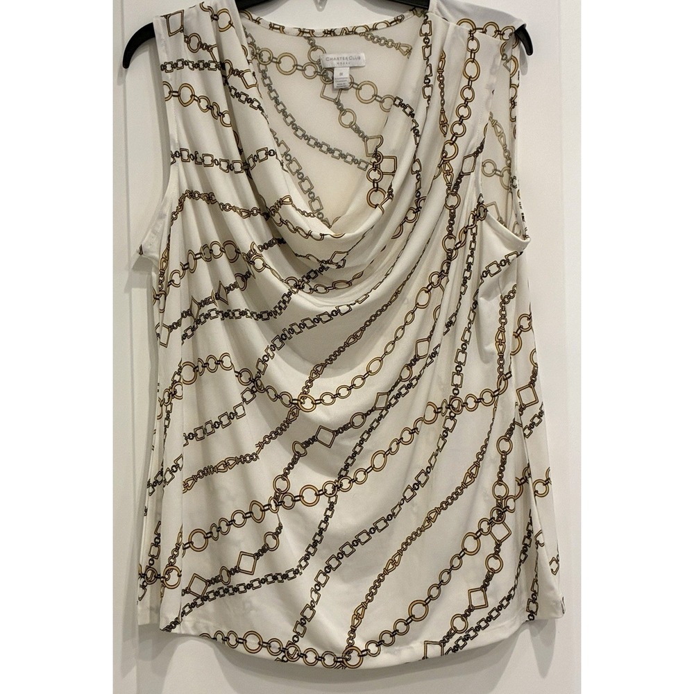 Charter Club Sleeveless Top 1X White Cowl Neck Gold Chain Equestrian AOP Preppy